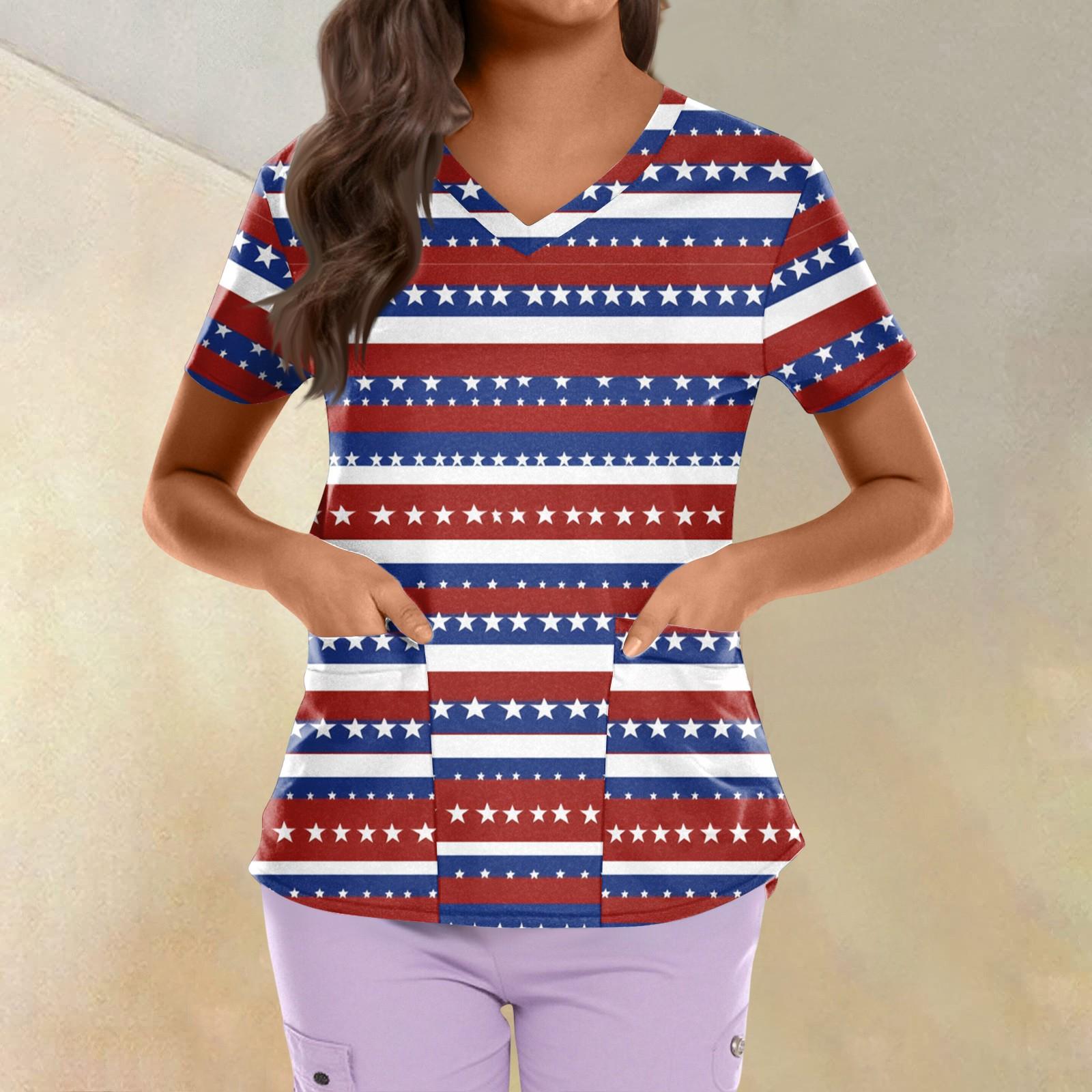 

Plus Size Printed Scrub Working Uniform Tops For Women s Cross V Neck Independence Day Print Short Sleeve Fun T-Shirts Workwear Tee With Pockets M винний