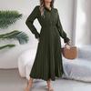Spring Summer Women Long Sleeve Solid Pleated High Waist A Line V-Neck Long Dress
