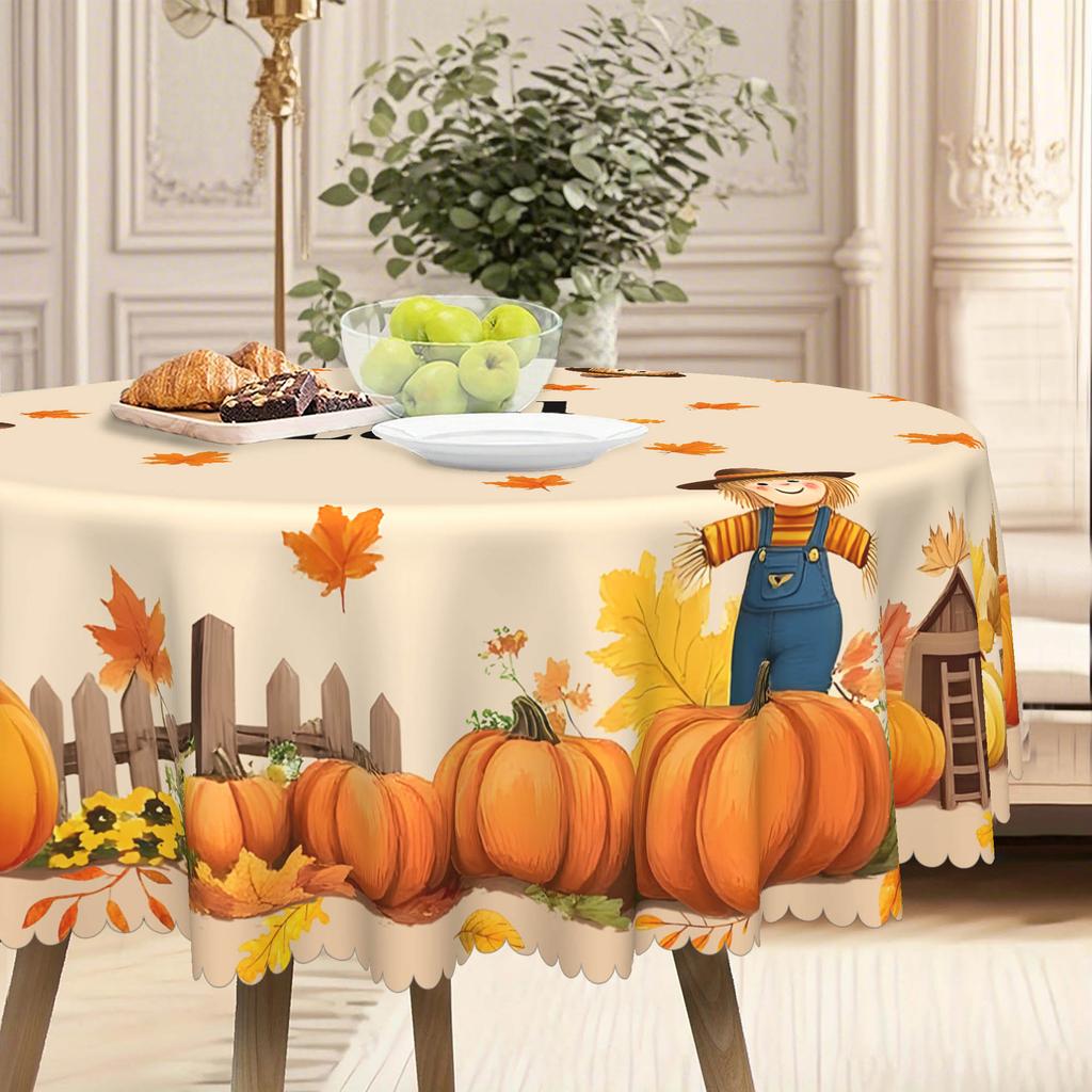 1 Thanksgiving Tablecloth - Printed With Pumpkin, Sunflower, Log Cabin And Autumn Leaves - Durable Polyester