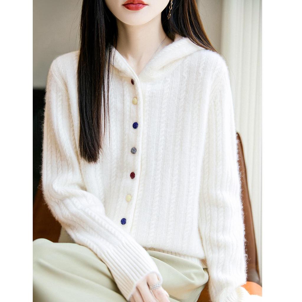 Damen Dicke Wolle Kapuzenstrickjacke - Herbst/Winter Locker gestrickter Pullovermantel