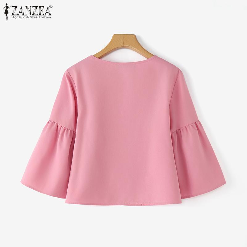 ZANZEA Kvinner Casual Rund Hals Ensfarget 3/4 Ermet Bluse