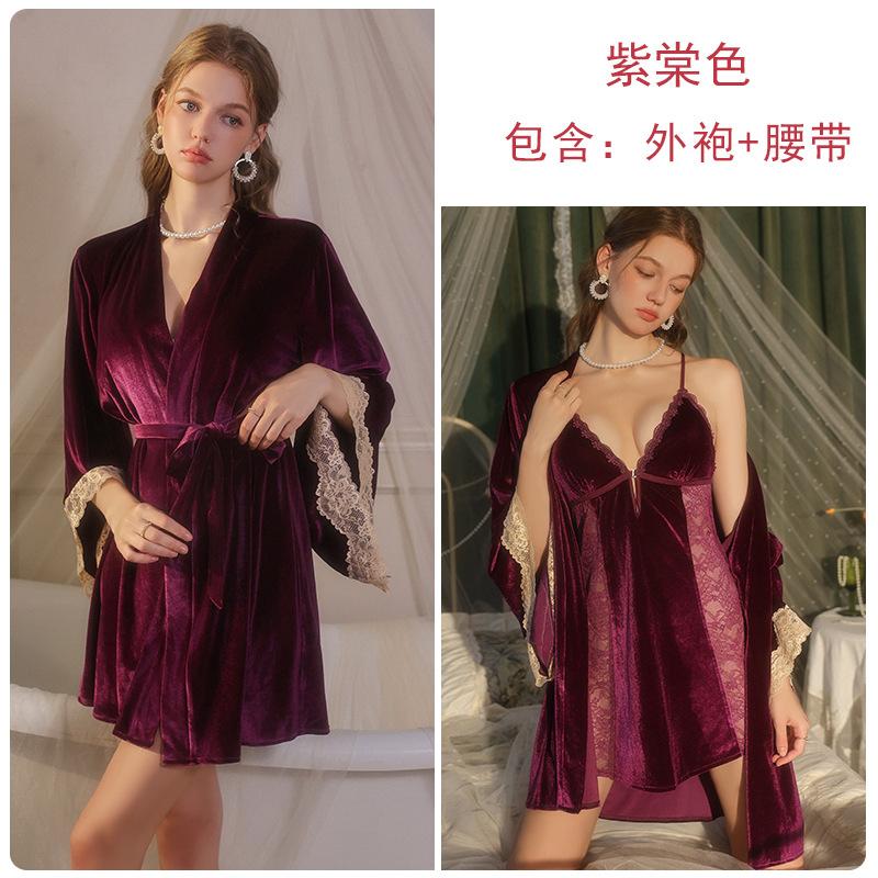 Women's Solid Velvet Push Up Padded Backless Cami Sleep Dress with Robe Lounge Set