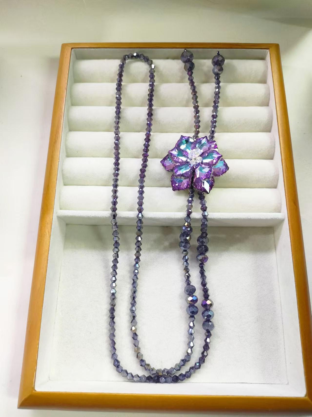Elegant Purple Crystal Flower Tassel Necklace - Women s Versatile Sweater Chain Accessory