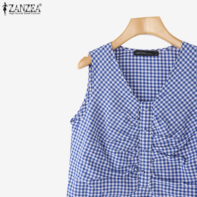 ZANZEA Women Casual V-Neck Summer Plaid Print Tank Tops