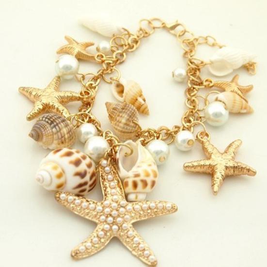 Women Ocean Sea Shell Starfish Faux Pearl Pendant Bracelet Bangle Jewelry Gift