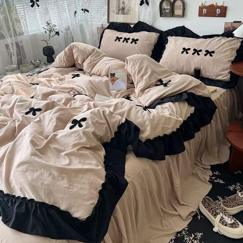 Ins Girl Bow Lace Washed Cotton Four-Piece Set Available For Four Seasons Bed Skirt Bedding 4 Dormitory Three-Piece Set