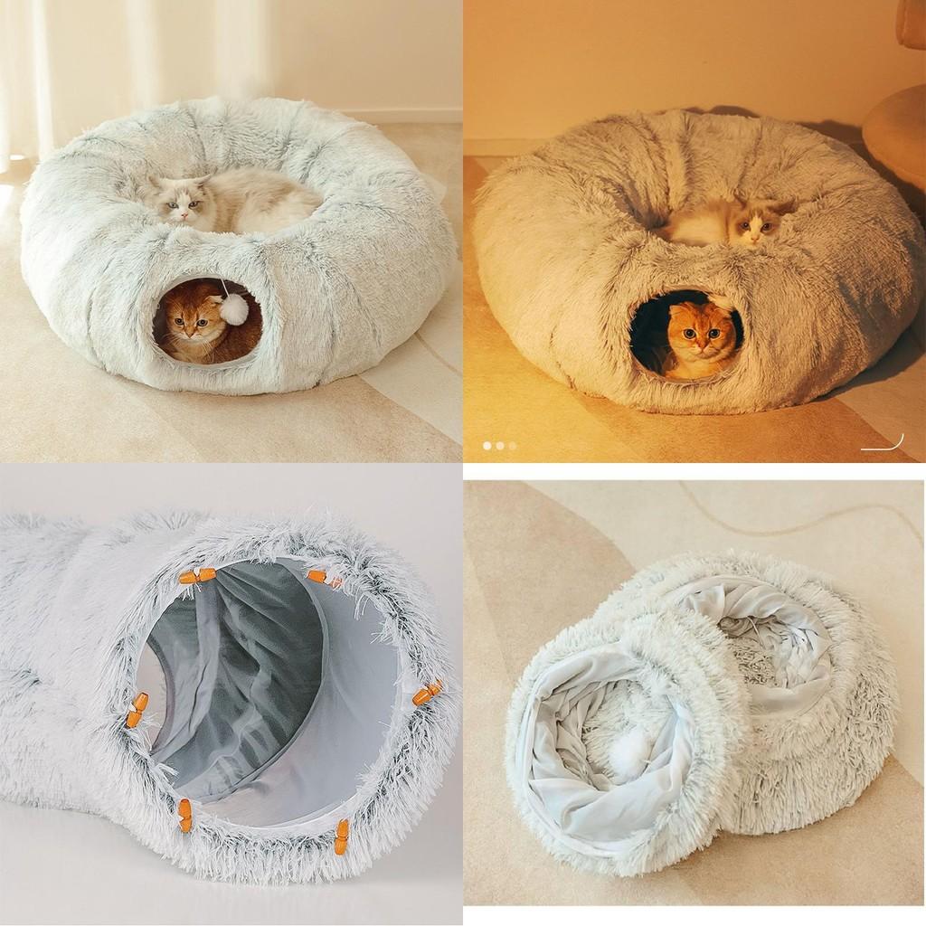 Stylish Winter Cat Bed Tunnel With Warm Long Plush Fabric Features Foldable Design Great For Cats And Dogs