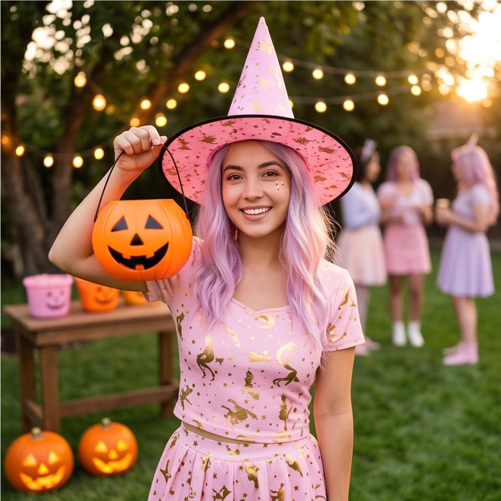 Adult Witch Hat with Gold Foil Pumpkin Design for Halloween Costume Party