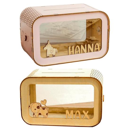 Transparent Wooden Money Box Large Capacity Piggy Bank Coin Cash Container