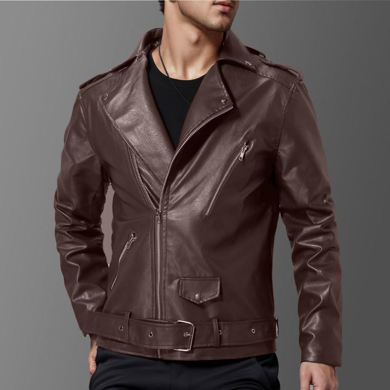Mens Slim Fit PU Leather Biker Jacket With Lapel Collar Zipper Front Stylish Motorcycle Coat