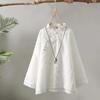 Women's 2024 Retro Embroidered Cotton-Linen Button-Up Shirt - Chinese Zen Tea Service, Loose Fit, Round Neck.