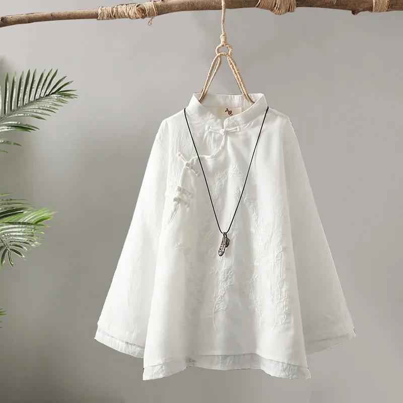 Women's 2024 Retro Embroidered Cotton-Linen Button-Up Shirt - Chinese Zen Tea Service, Loose Fit, Round Neck.