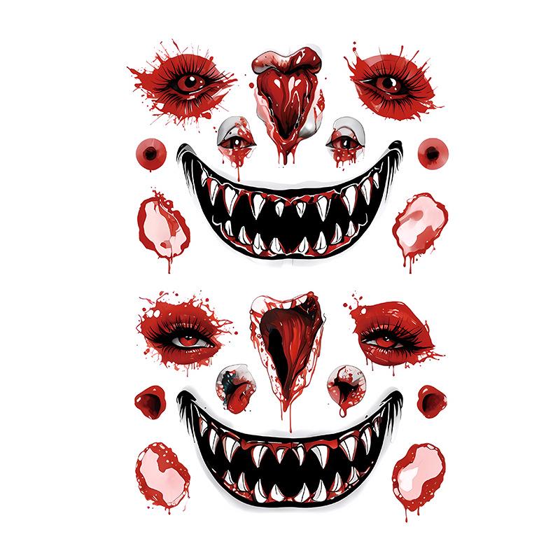 Nuevos Halloween 2024 Pegatinas de Tatuaje de Cara de Boca Grande Aterradoras - Divertido, Impermeable, Maquillaje de Fiesta Colorido