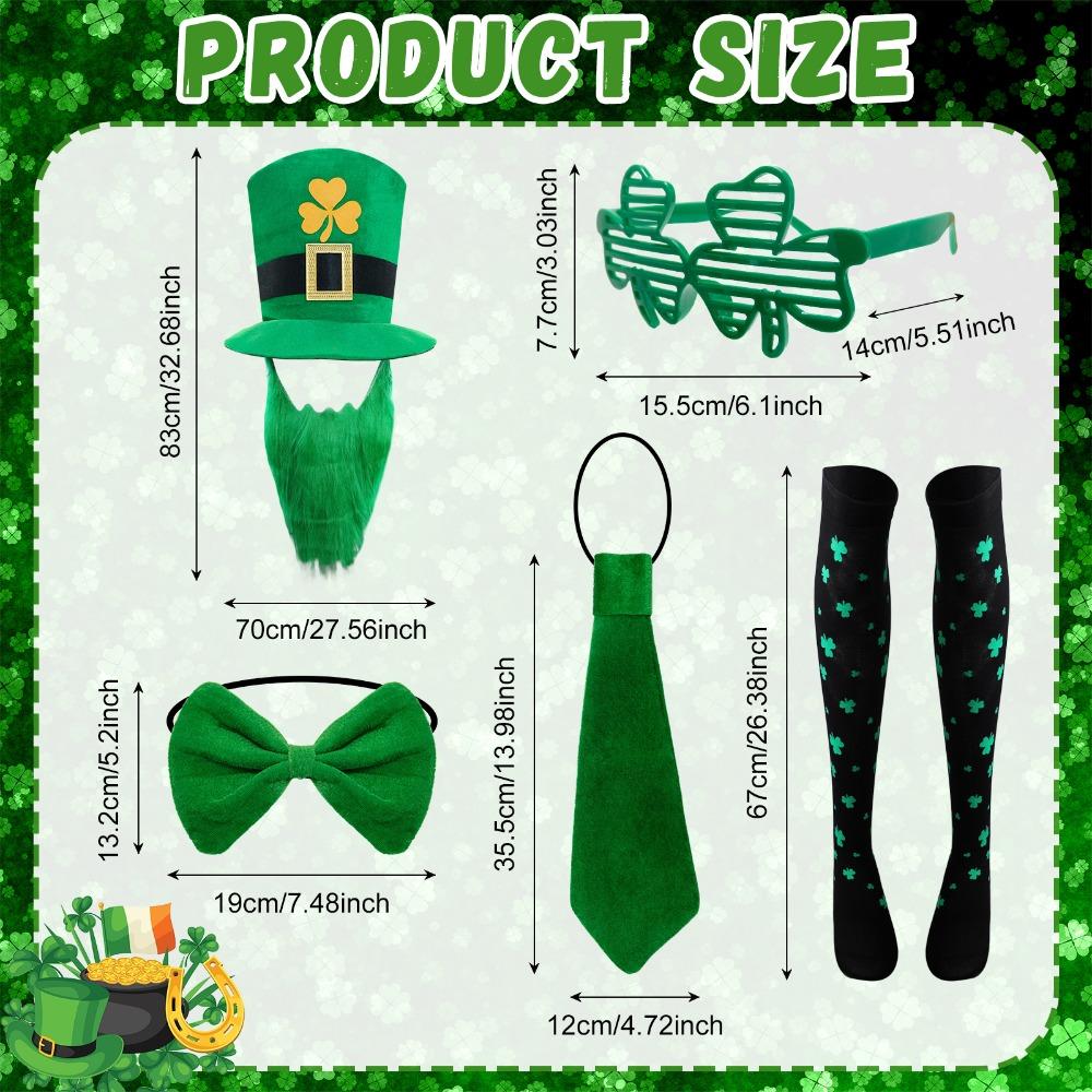 5pcs St. Patrick's Day Party Costume Suit Green Funny Hat Bow Beard Bow Tie Beard Favors Irish Leprechaun Costume Accessory