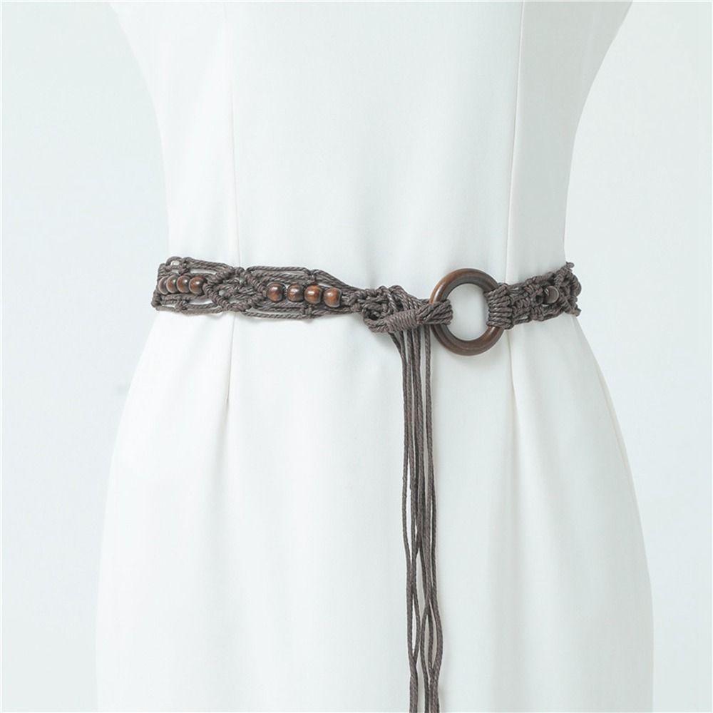 Wax Rope Beads Hand Woven DIY Ethnic Style Belts Braided Belt Women Waist Chain Round Wooden Button