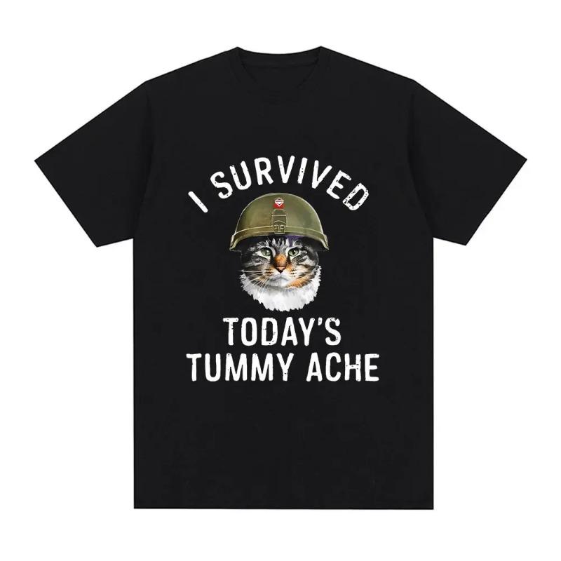 Jag Överlevde Dagens Magont T-shirt Rolig Katt Kreativt Tryckt Kortärmad T-shirt Dam Casual Streetwear Sommar Mjuka Kläder