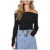 Women Off Shoulder Long Sleeve Ribbed Knitwear Slim Fit Pullover Blouse Tops Casual Fall Crop Tee Tops