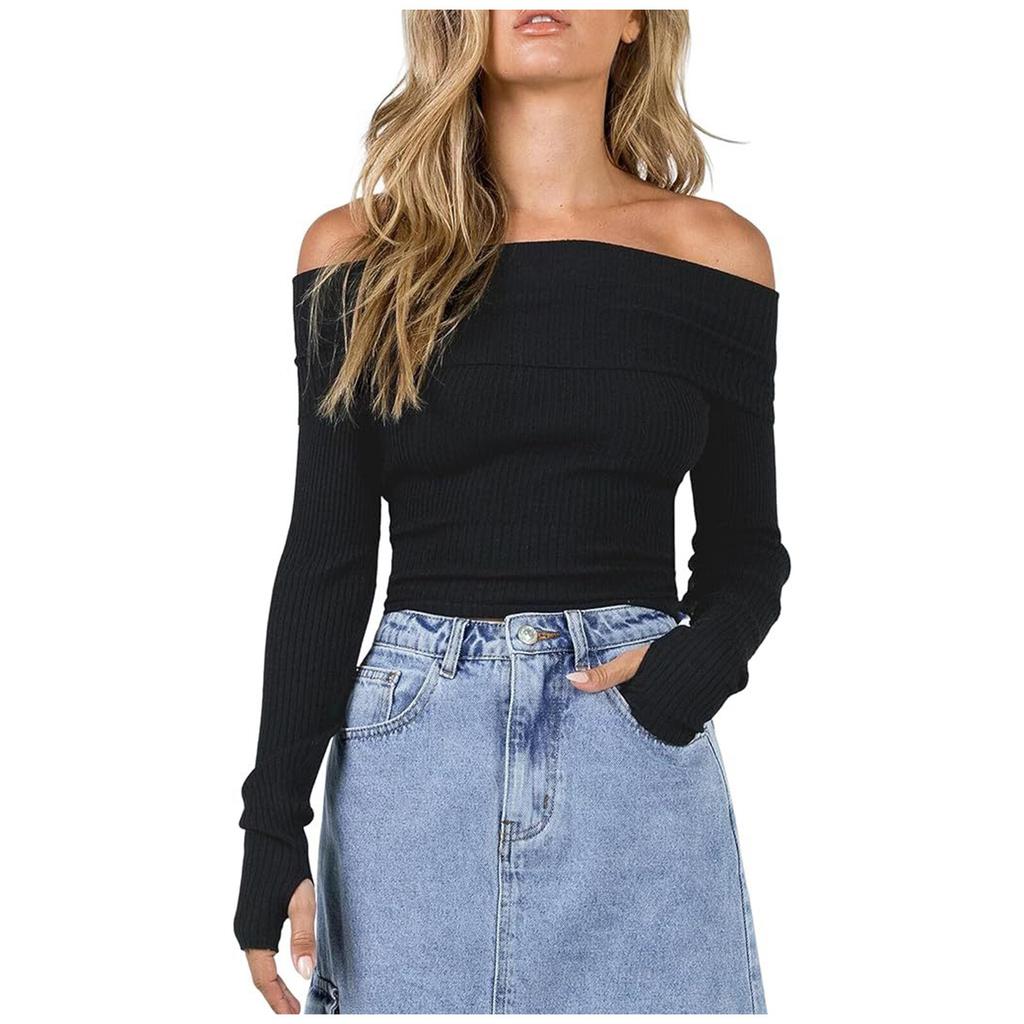 Women Off Shoulder Long Sleeve Ribbed Knitwear Slim Fit Pullover Blouse Tops Casual Fall Crop Tee Tops