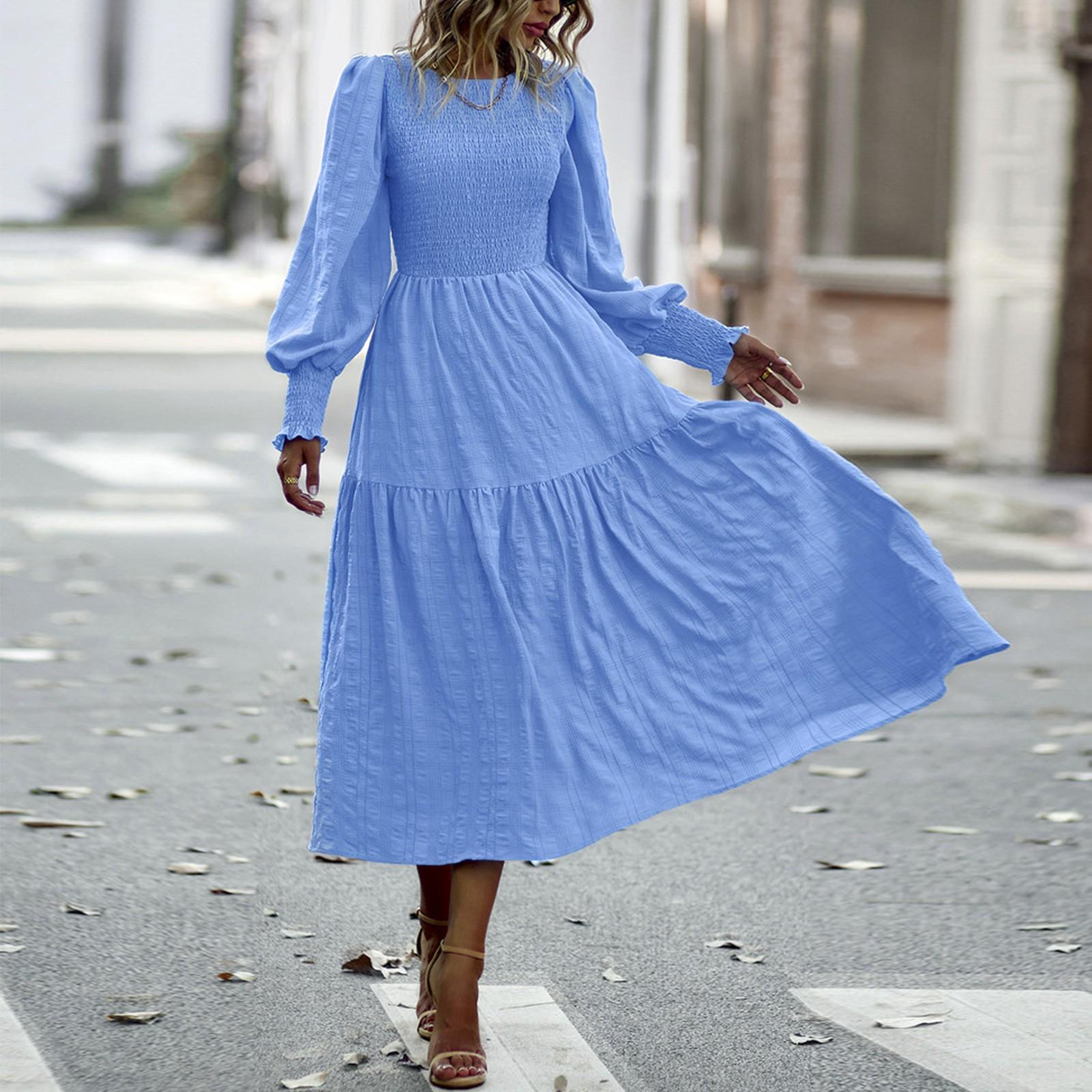 

Женская однотонная плиссированная юбка миди с высокой талией, элегантная лавандовая, с длинным рукавом XL светло-синий