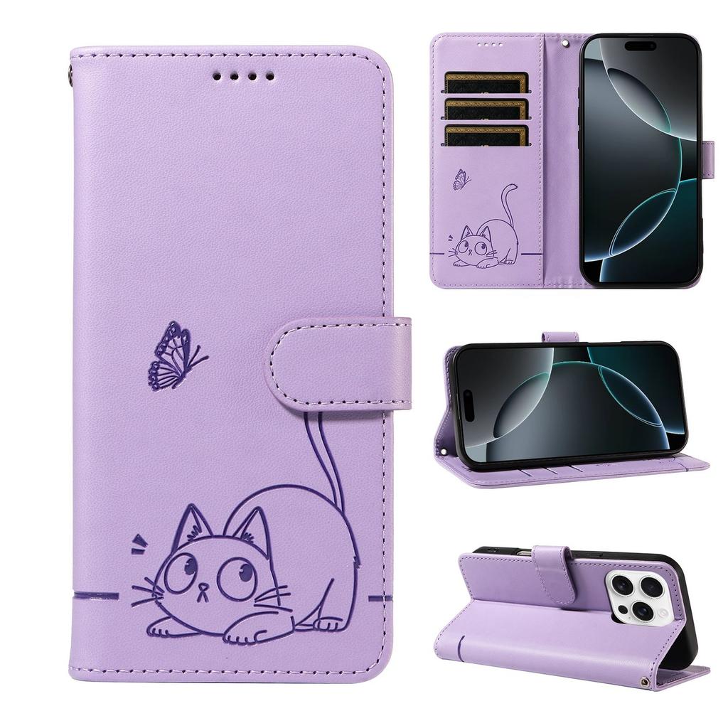 Leather Wallet Flip Case For OPPO A57S A77 A15 A15S A16 A16S A54S A17 A96 4G 5G Cat and Butterfly Embossed,Wrist Strap