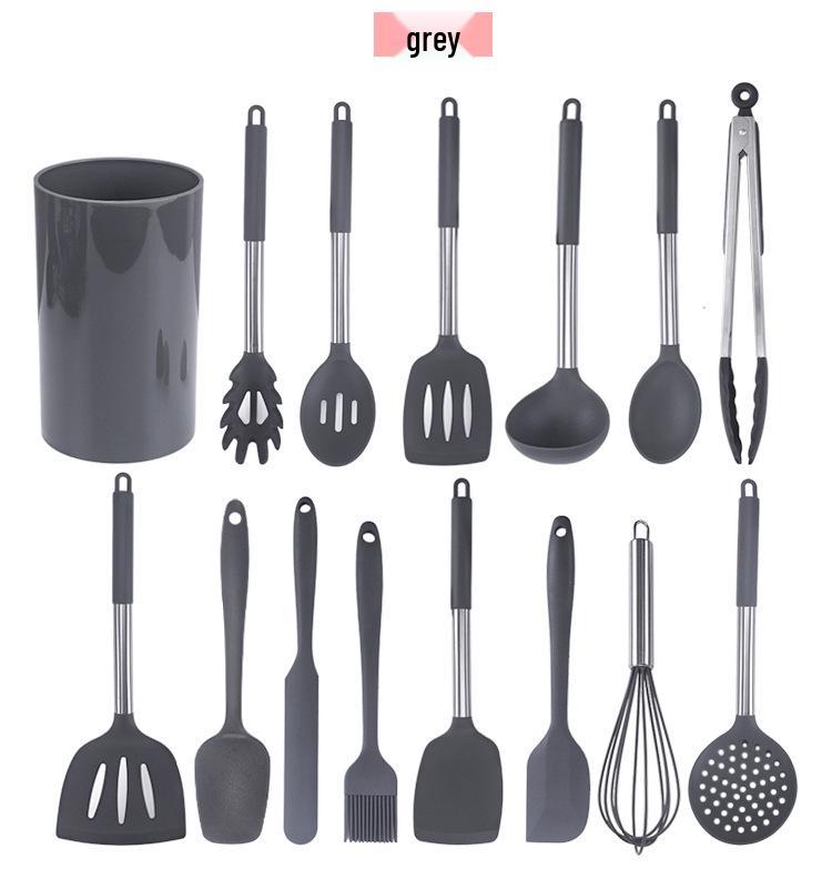 Black Stainless Steel & Silicone Handle 15-Piece Kitchen Utensil Set with Storage Bucket