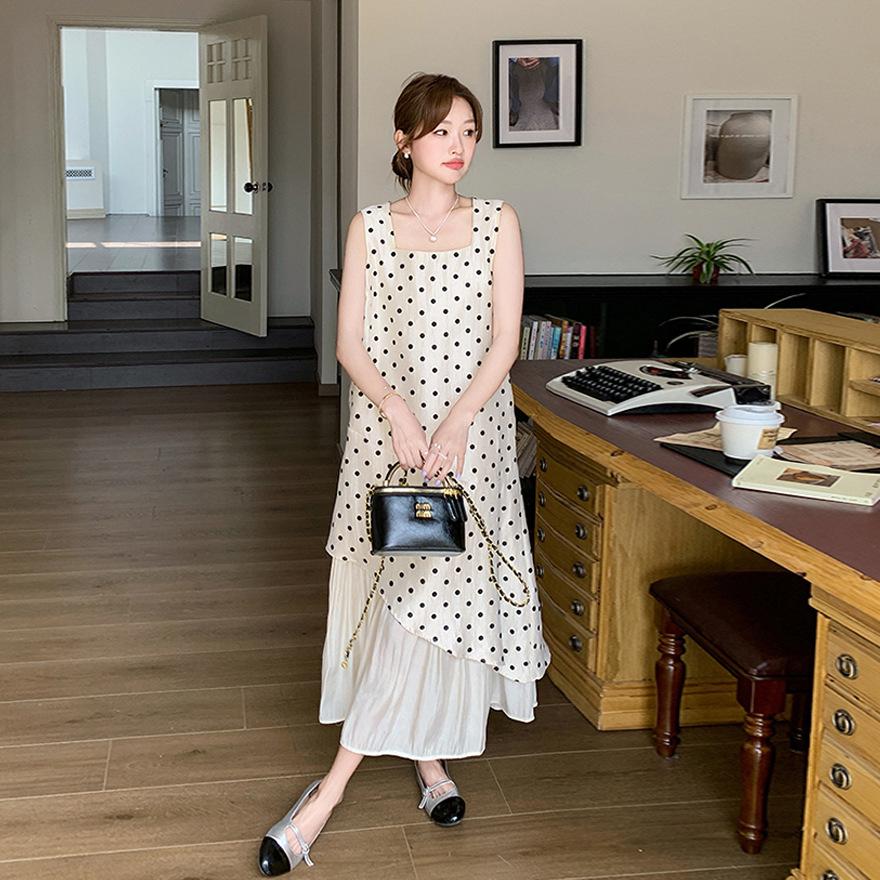 Design sense irregular polka dot vest dress women's summer new loose and thin sleeveless medium and long skirt