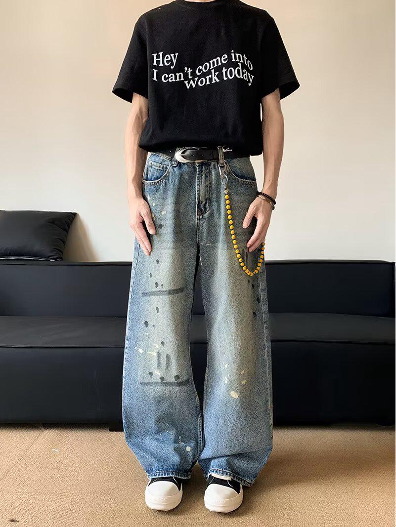 

Unisex Retro Ink Splatter Wide-Leg Jeans: Stylish, Loose Fit Straight-Leg Pants for Men & Women. Medium