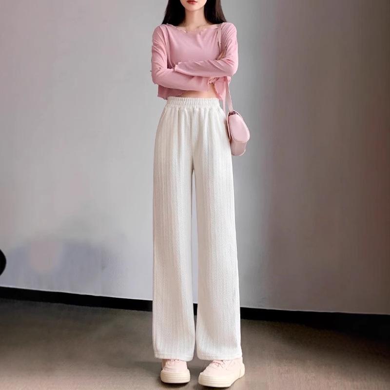 Women's White High Waist Wide-Leg Pants - Spring/Fall/Winter Slimming Knit with Wheat Ear Design.