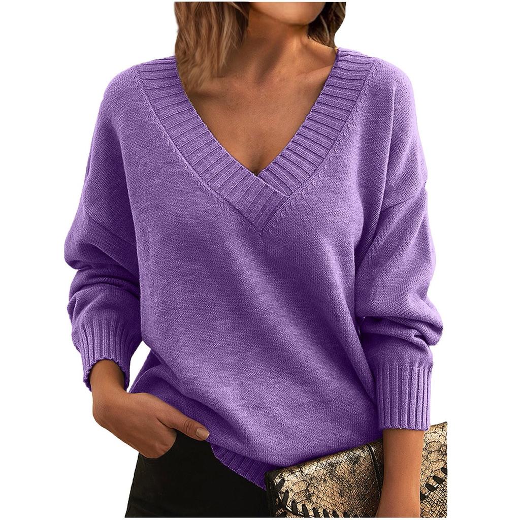 Women's Fashion Casual Solid Color Sweater Set Head V Neck Warm Long-sleeved Sweater