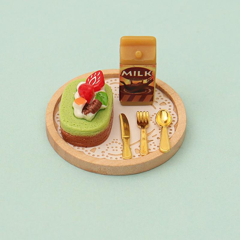 

1Комплект 1:12 Кукольный миниатюрный торт Молоко Вилка Поднос Модель еды Кухонный декор Игрушка для аксессуаров кукольного домика Детский подарок