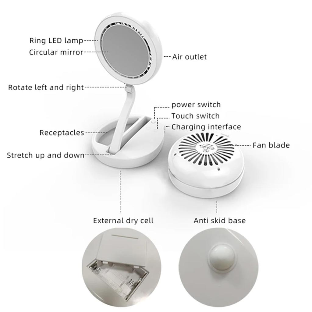 Rechargeable LED Light Makeup Mirror Foldable Fan, Portable Vanity, Smart Cosmetic Tool, 2 In 1, Home Gift