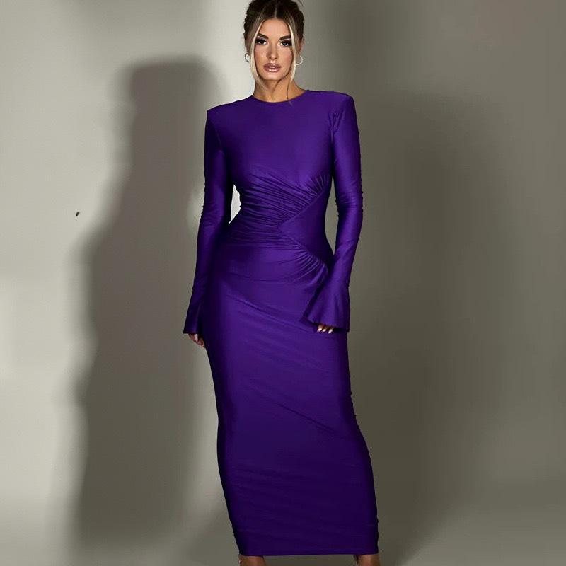 2025 Autumn Ruched Flare Sleeve Slim Fit Dress with Waist-Defining and Hip-Hugging Silhouette