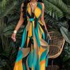 Tropical Print V-Neck Waist Section Cable Knit Fit And Flare Dress Maxi Women Outfit