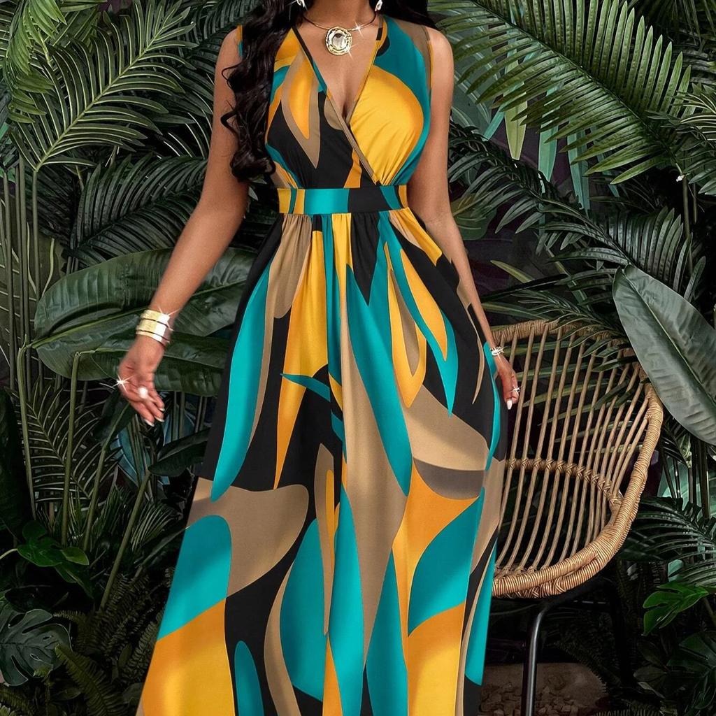Tropical Print V-Neck Waist Section Cable Knit Fit And Flare Dress Maxi Women Outfit