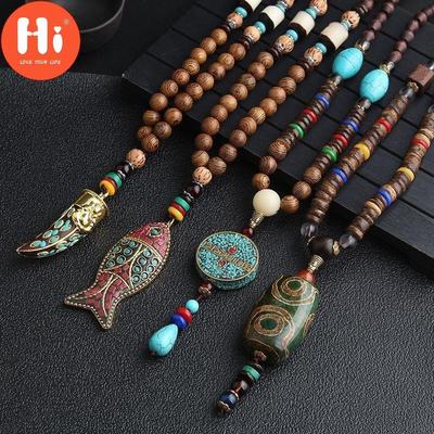 Γεια σου Vintage γοητευτικό 12 στυλ Mala Tibet Buddhist Long Mantra Ξύλινες χάντρες Αλυσίδα πουλόβερ κρεμαστό κολιέ
