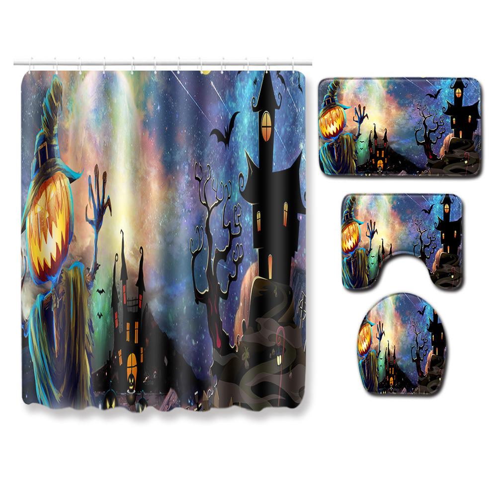 Halloween Shower Curtain Floor Mat Combination Four-Piece Set Bathroom Toilet Carpet Shower Room Foot Mat