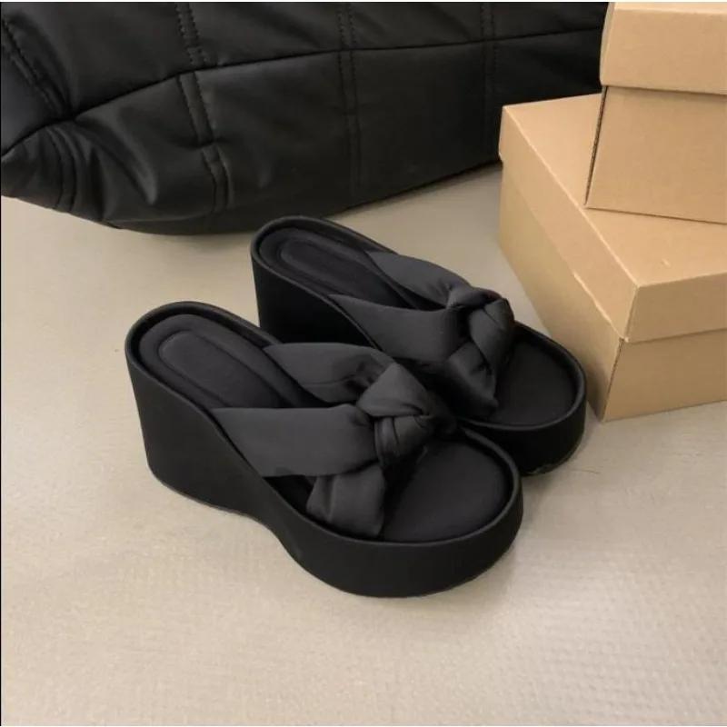 Fashion Platform Wedge Open Toe Slippers Summer New Round Head Black Cross-strap Beach Sandals Flip-flops Chunky Slides Backless Shoes