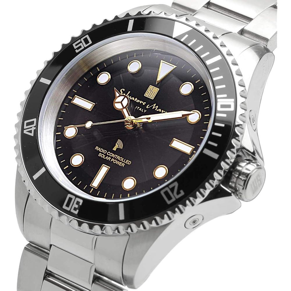 Salvatore Marra Solar Radio-Controlled Watch 10 ATM Waterproof Men's Italian Brand Black Gold SM22110-SSBKGD