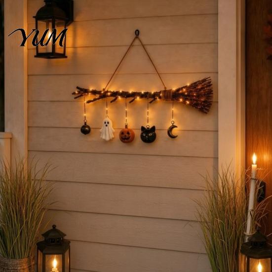 Thanksgiving Front Door Sign Halloween Witch Broom Wall Decor with LED Light, Fall Pumpkin Ghost Cat, Glowing Rustic Porch Ornament for Home