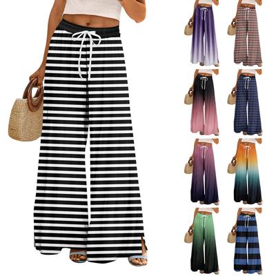 Women Summer Boho Palazzo Pants High Waist Wide Leg Floral Printing Casual Trousers With Pockets