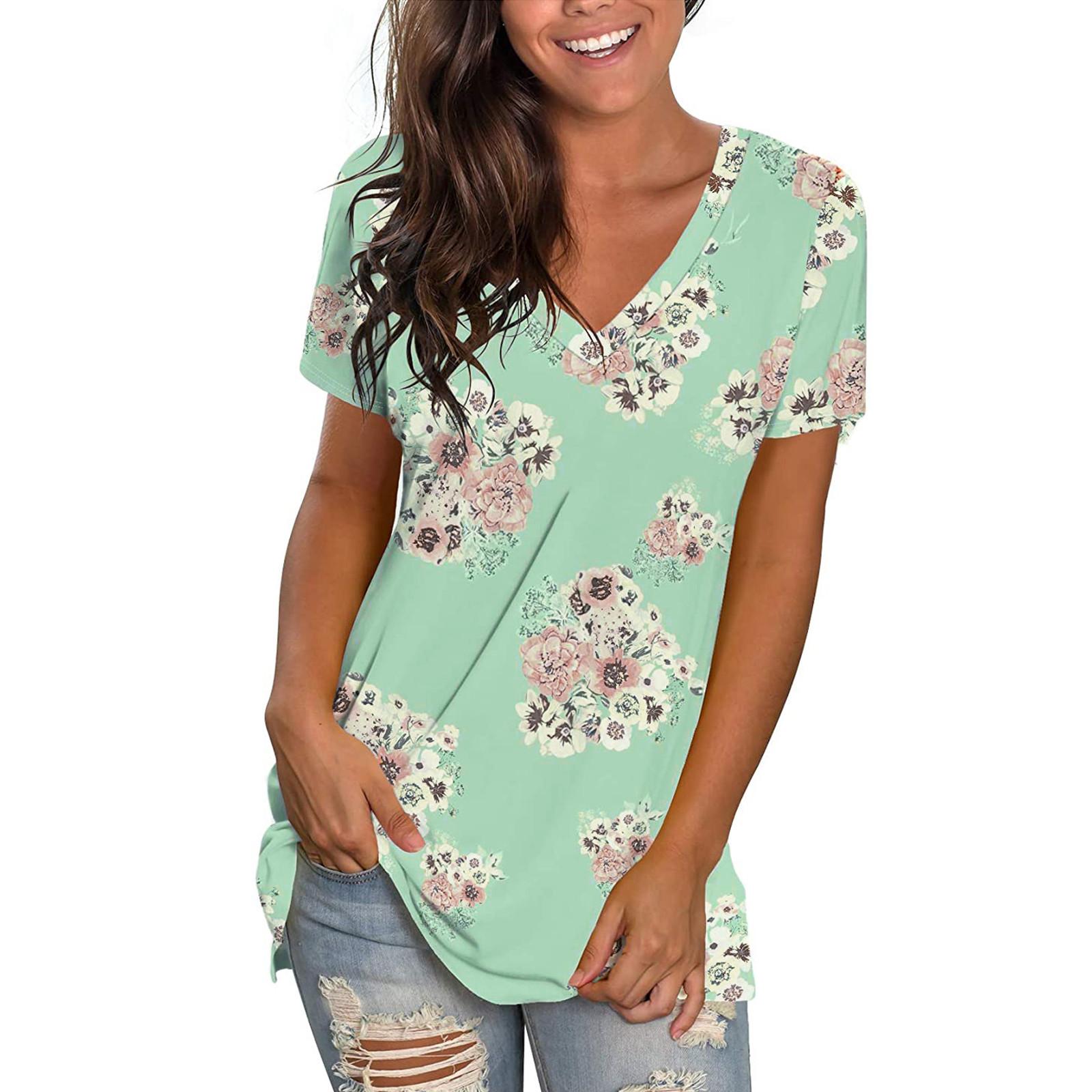 

Fashion Women V-neck Printed T-shirt Casual Loose Pullover Short Sleeve Tops L зелений