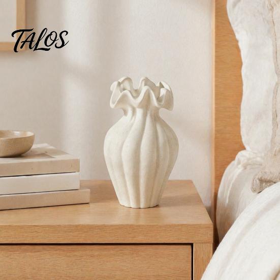 Wavy Neck Vase for Dried Flowers Modern Flower Vase, Minimalist Holder, Decorative Ribbed Texture with Unique Dining Table Rim, Ideal Fresh