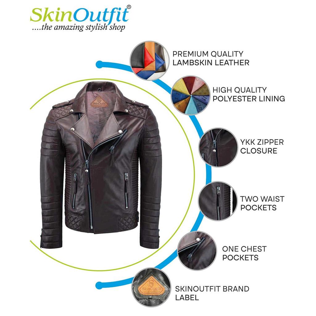 SKINOUTFIT Men's Motorcycle Leather Jacket Genuine Brown Lambskin Café Racer Biker Outerwear