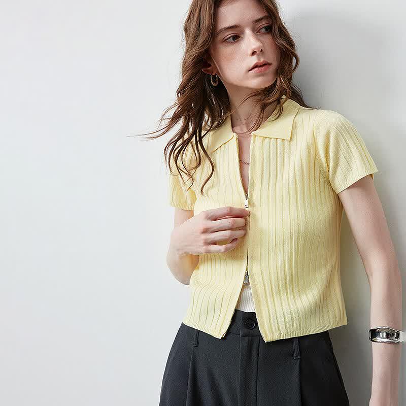 Women's Linen-Feel Slim-Fit Zip Polo Knit Top