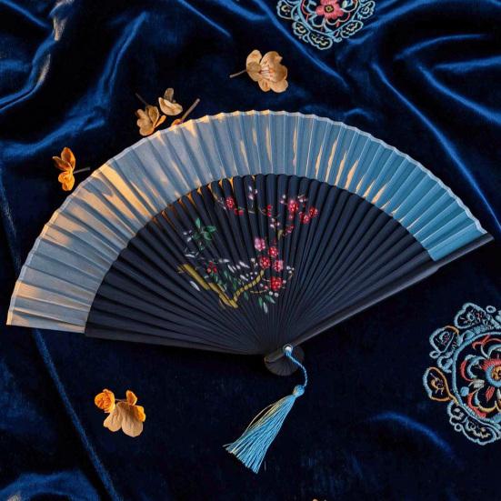 Chinese Style Flower Folding Fan with Tassels Vintage Portable Hand Fan Wedding Dance Party Decorative Handheld Fan Travel Accessory