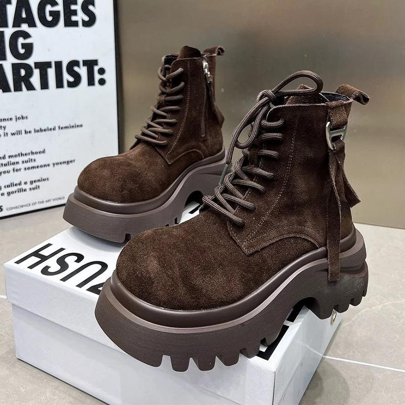 Flache Plateau Damen Stiefeletten Wildleder Winterschuhe Designer Schnürung Sportstiefel 2025 Lässige Chelsea Botas Damenschuhe