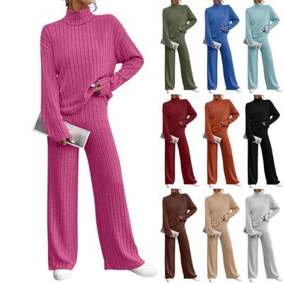 Women's Fashion Solid Color High Collar Long Sleeve Top Elastic Waist Casual Pants Two Piece Set