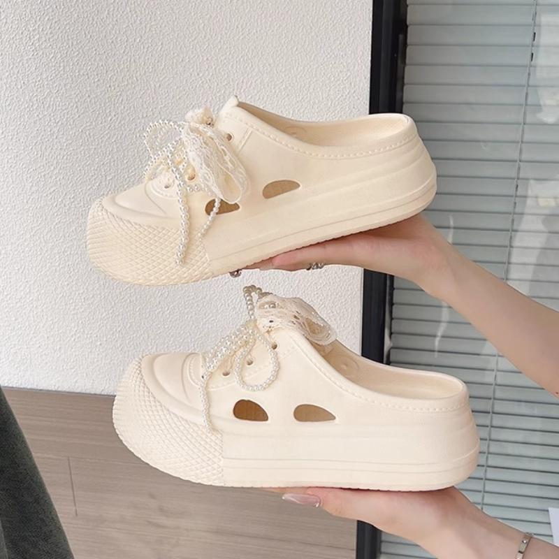 Fashion 2025 New Summer Shoes Platform Slippers For Women Indoor Beach Slides DIY Lace Pearl Bow Knot Clogs Girls Fashion Sandals