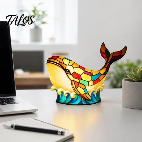 Kids Room Night Light Stained Glass Whale Light, USB Multicolor Table Lamp, Bedroom Ambiance Decorative LED Desk for Home Office Lamp