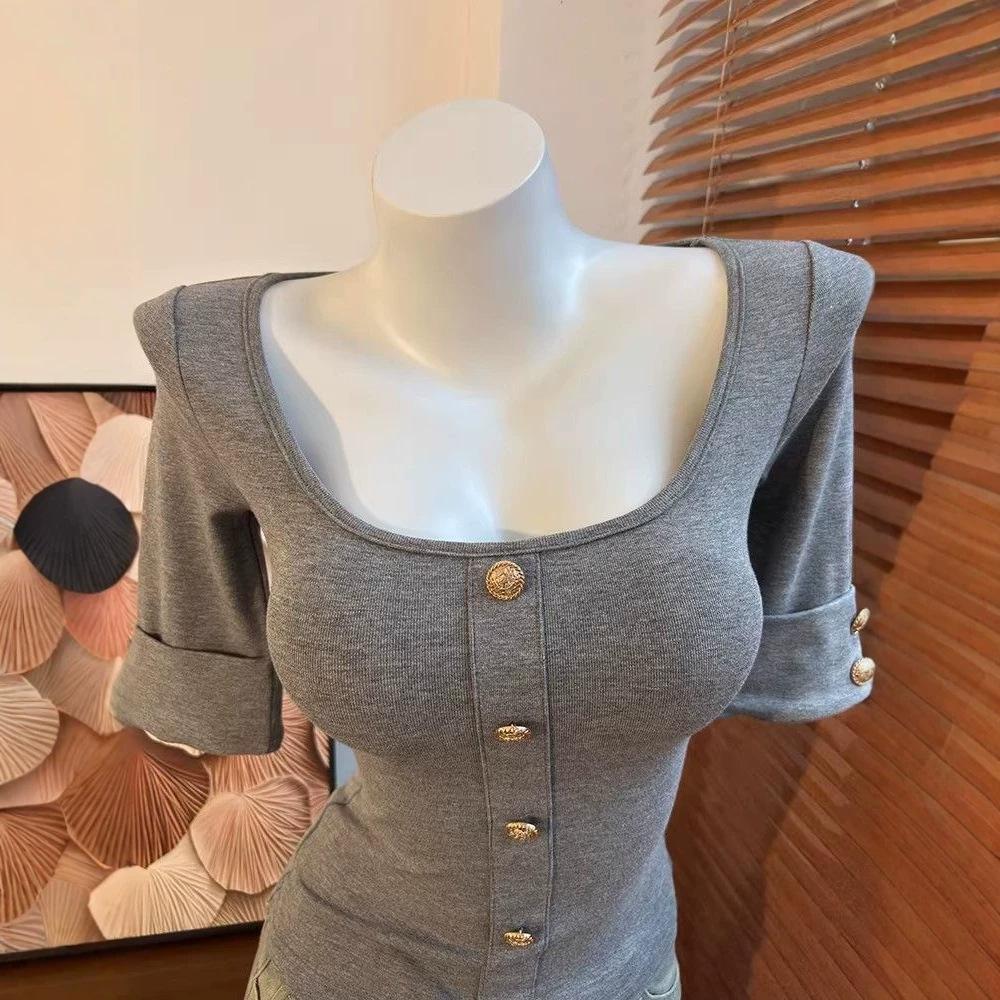 Pure Luxury Square Neck Button Five-Sleeve T-Shirt Women's Summer Sexy Slim Skinny Small Fragrant Bottom Top